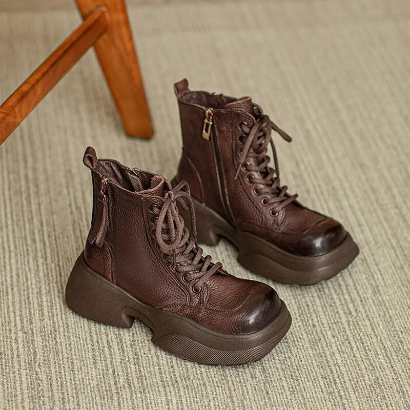 60mm Platform Boots Lace up Leather Martin Boots Handmade Square Toe Combat Boots in Brown/Black