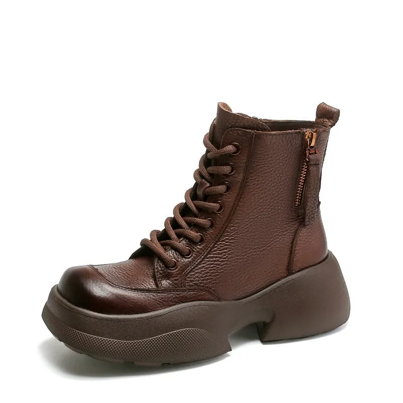 60mm Platform Boots Lace up Leather Martin Boots Handmade Square Toe Combat Boots in Brown/Black