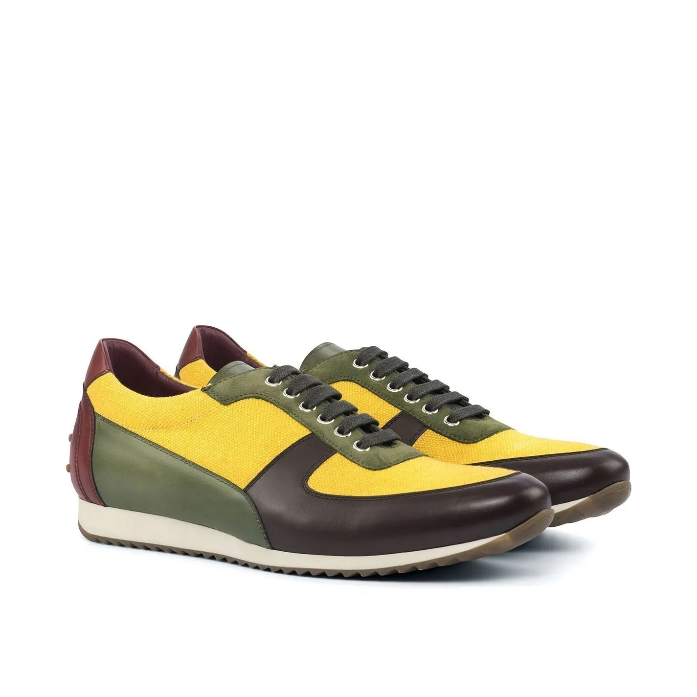 Ambrogio Bespoke Custom Men's Shoes Mustard, Brown, Green & Red Suede / Calf-Skin Leather Casual Sneakers (AMB2001)