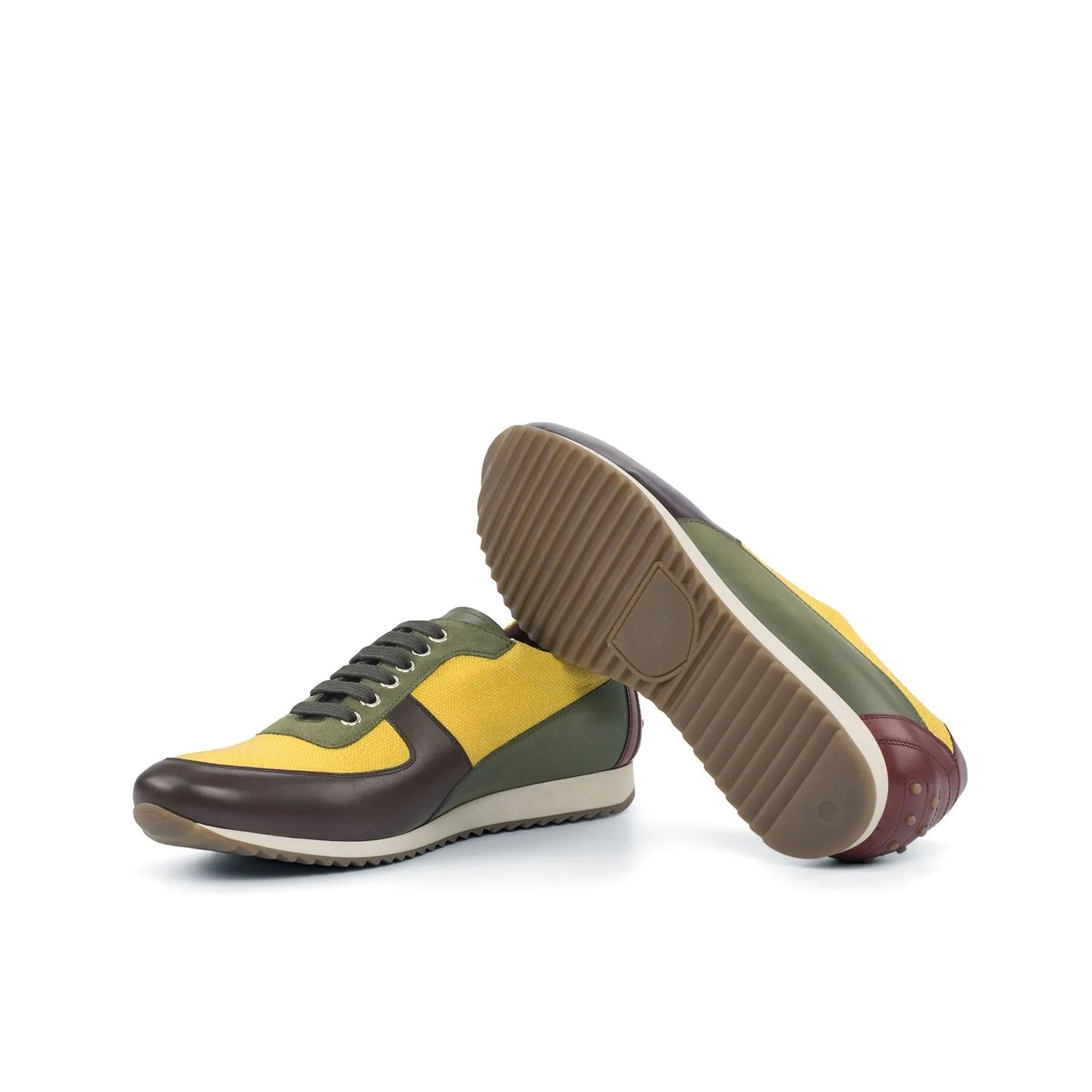 Ambrogio Bespoke Custom Men's Shoes Mustard, Brown, Green & Red Suede / Calf-Skin Leather Casual Sneakers (AMB2001)