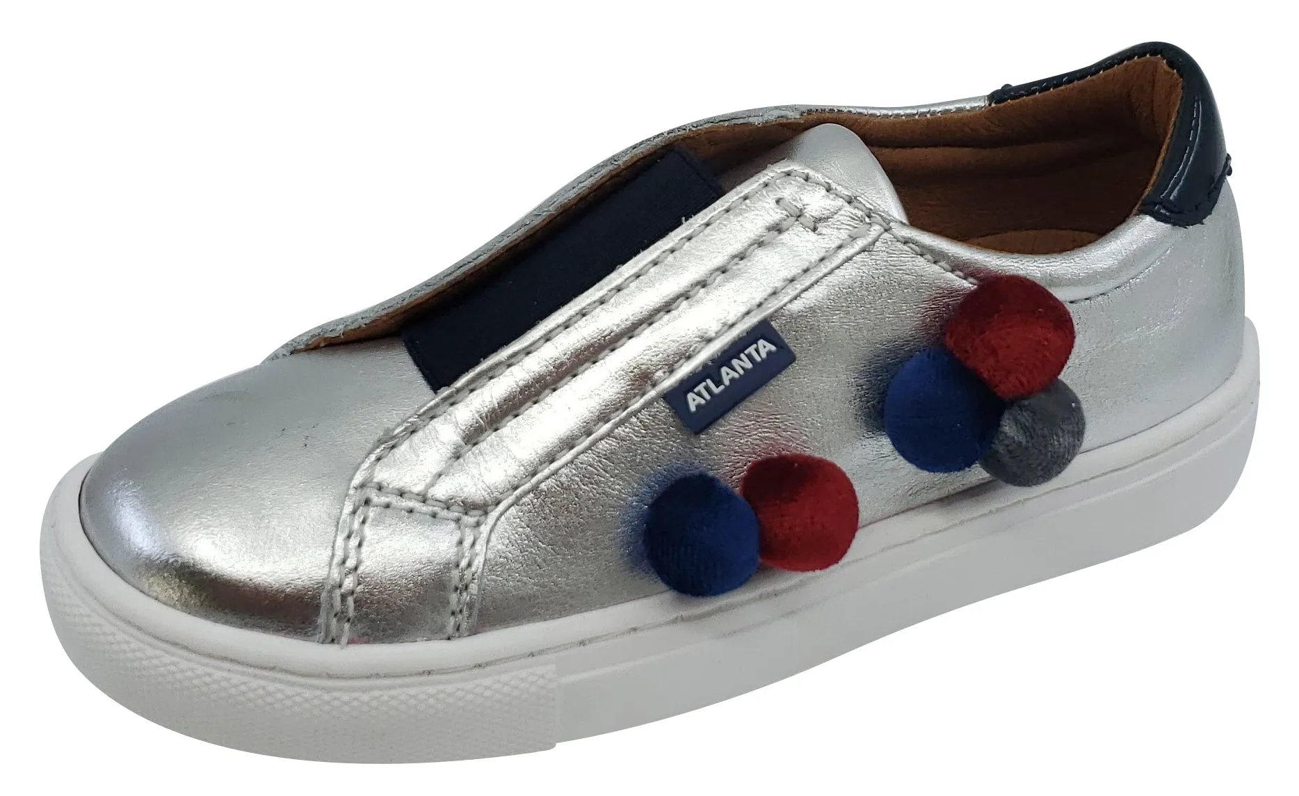 Atlanta Mocassin Girl's Leather Pom Pom Slip-On, Silver