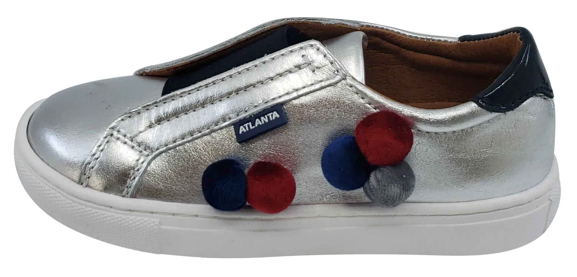 Atlanta Mocassin Girl's Leather Pom Pom Slip-On, Silver