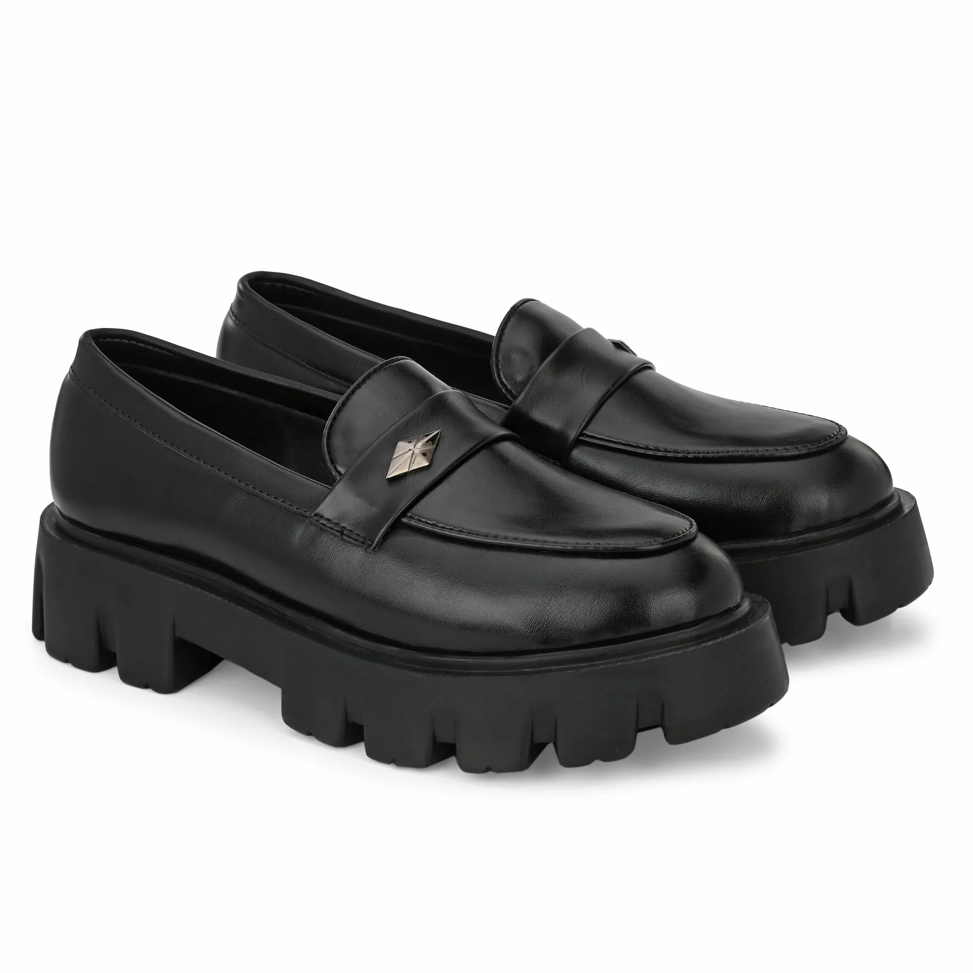 Attitudist Unisex Black Round Toe High Heel Penny Loafers