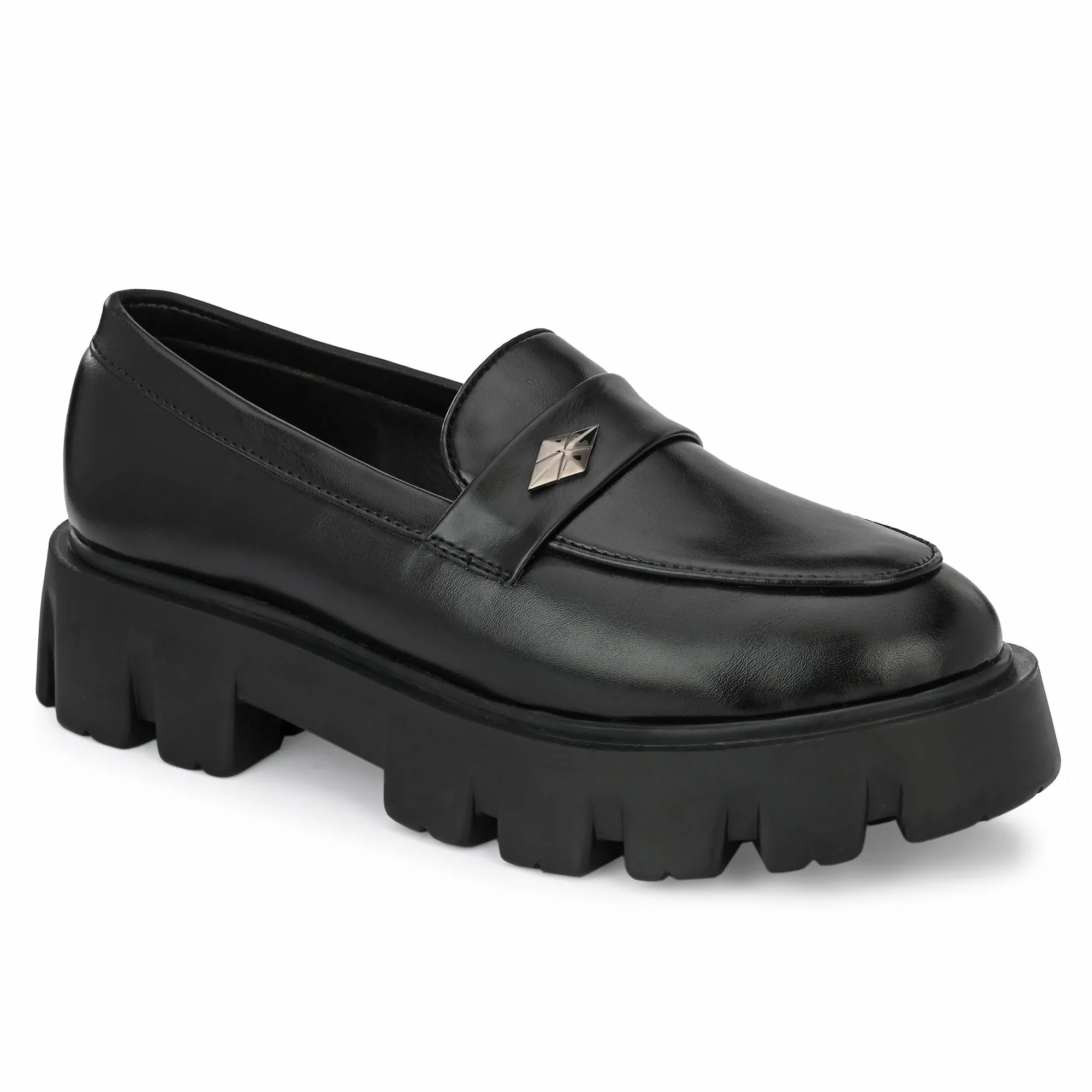 Attitudist Unisex Black Round Toe High Heel Penny Loafers