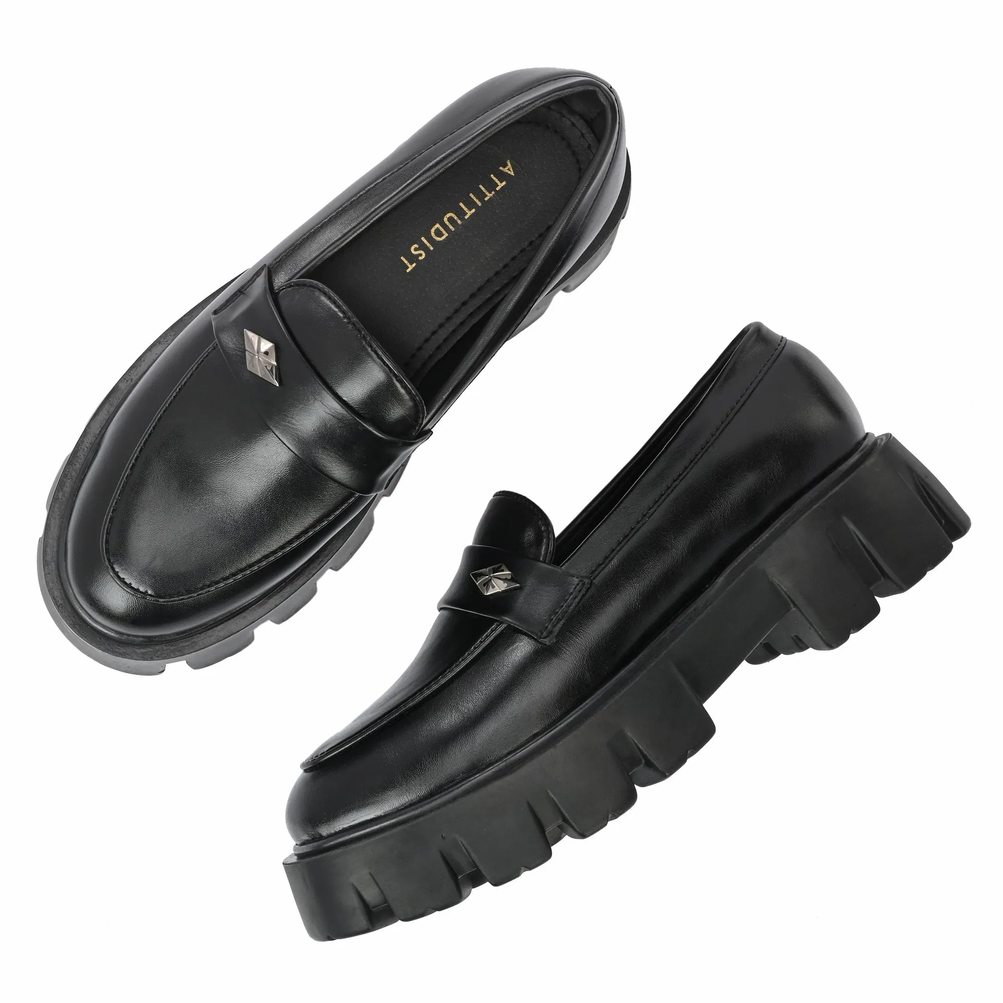 Attitudist Unisex Black Round Toe High Heel Penny Loafers