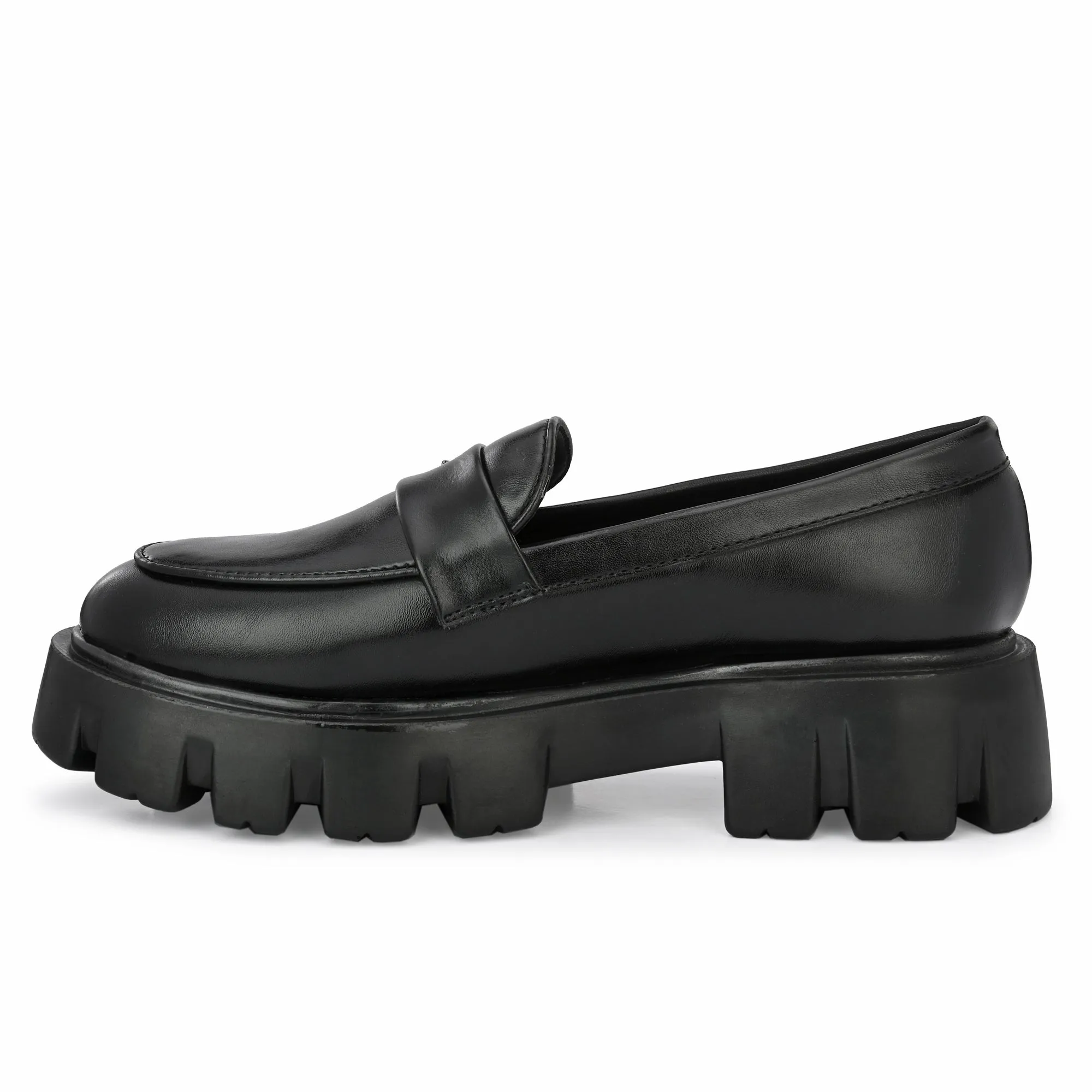 Attitudist Unisex Black Round Toe High Heel Penny Loafers