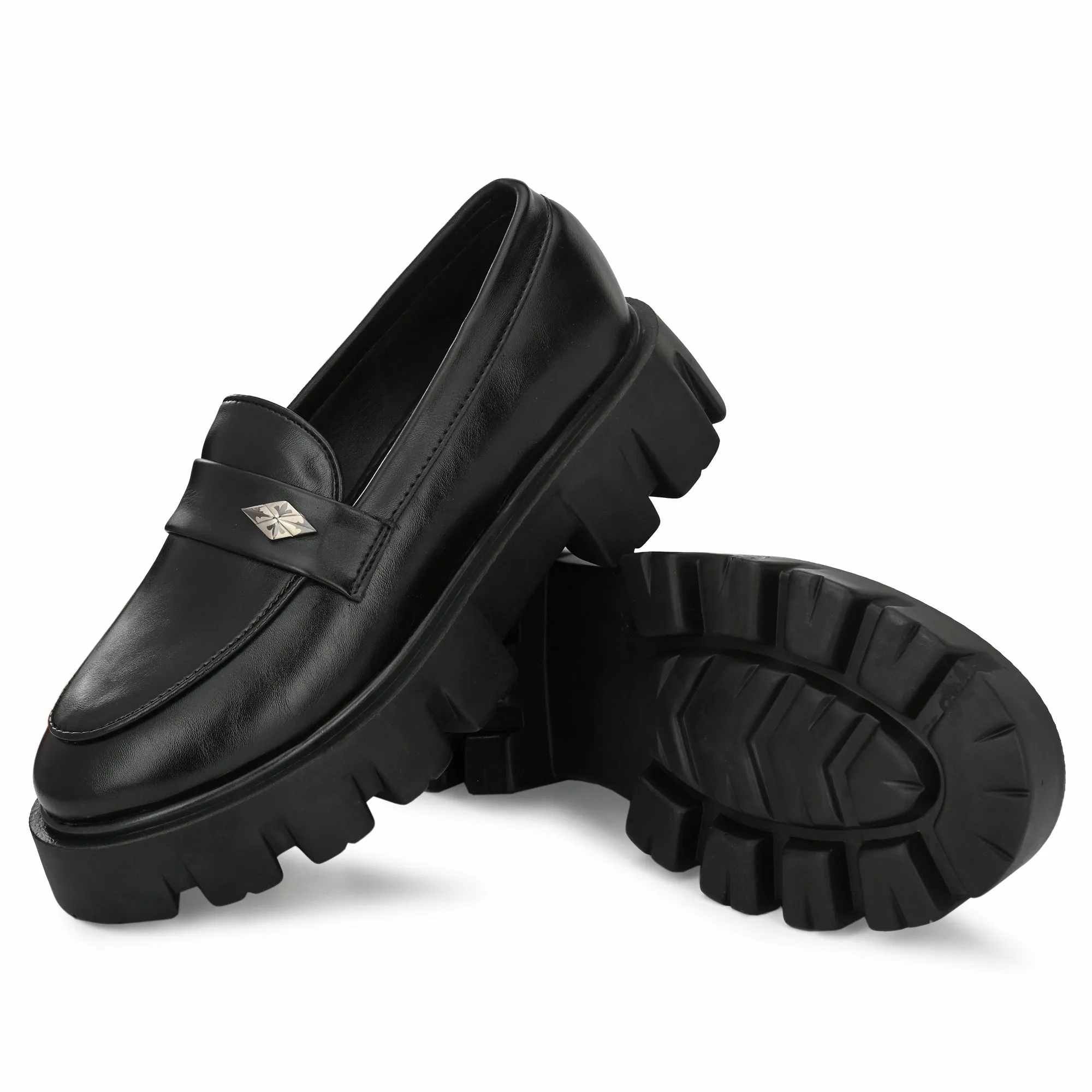 Attitudist Unisex Black Round Toe High Heel Penny Loafers