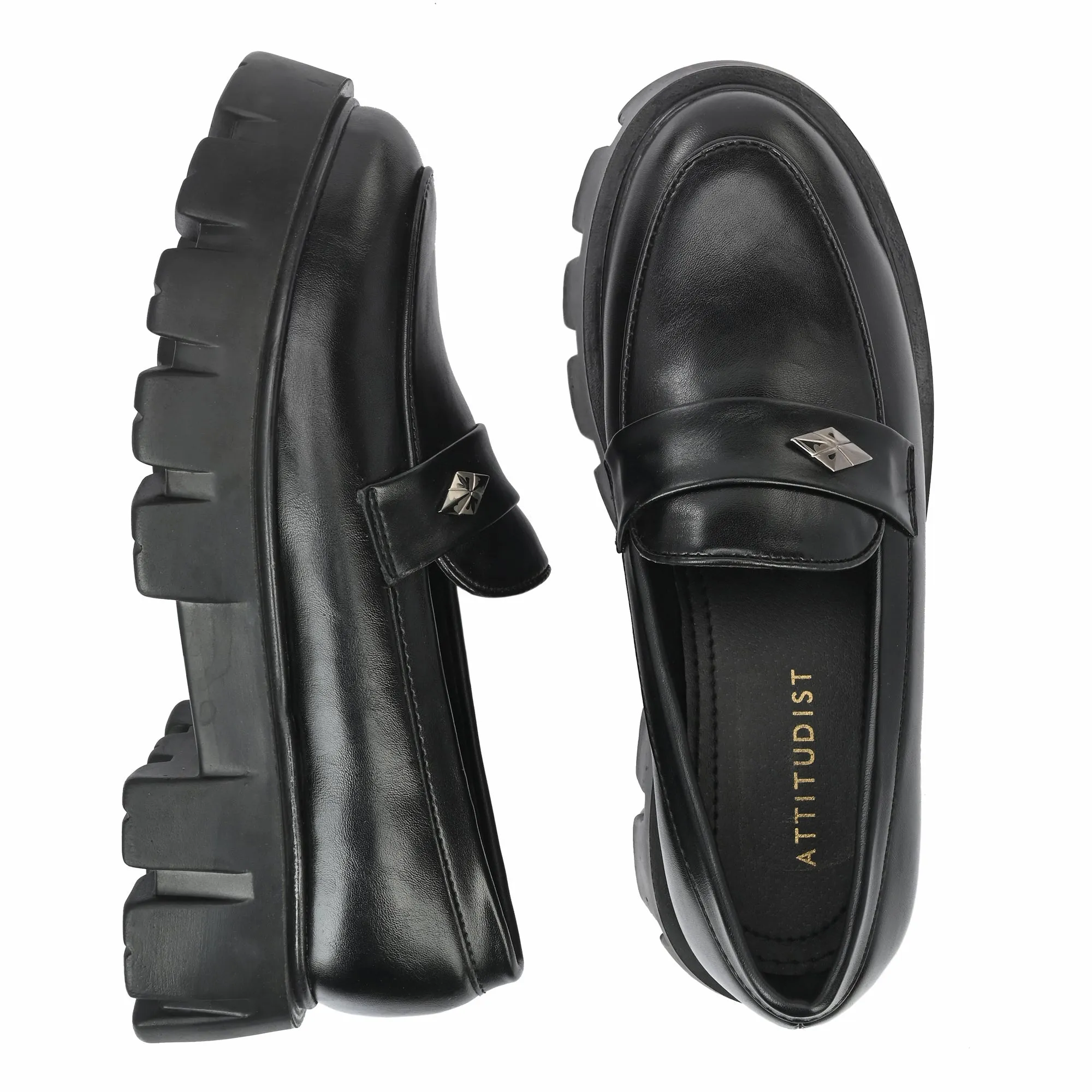 Attitudist Unisex Black Round Toe High Heel Penny Loafers