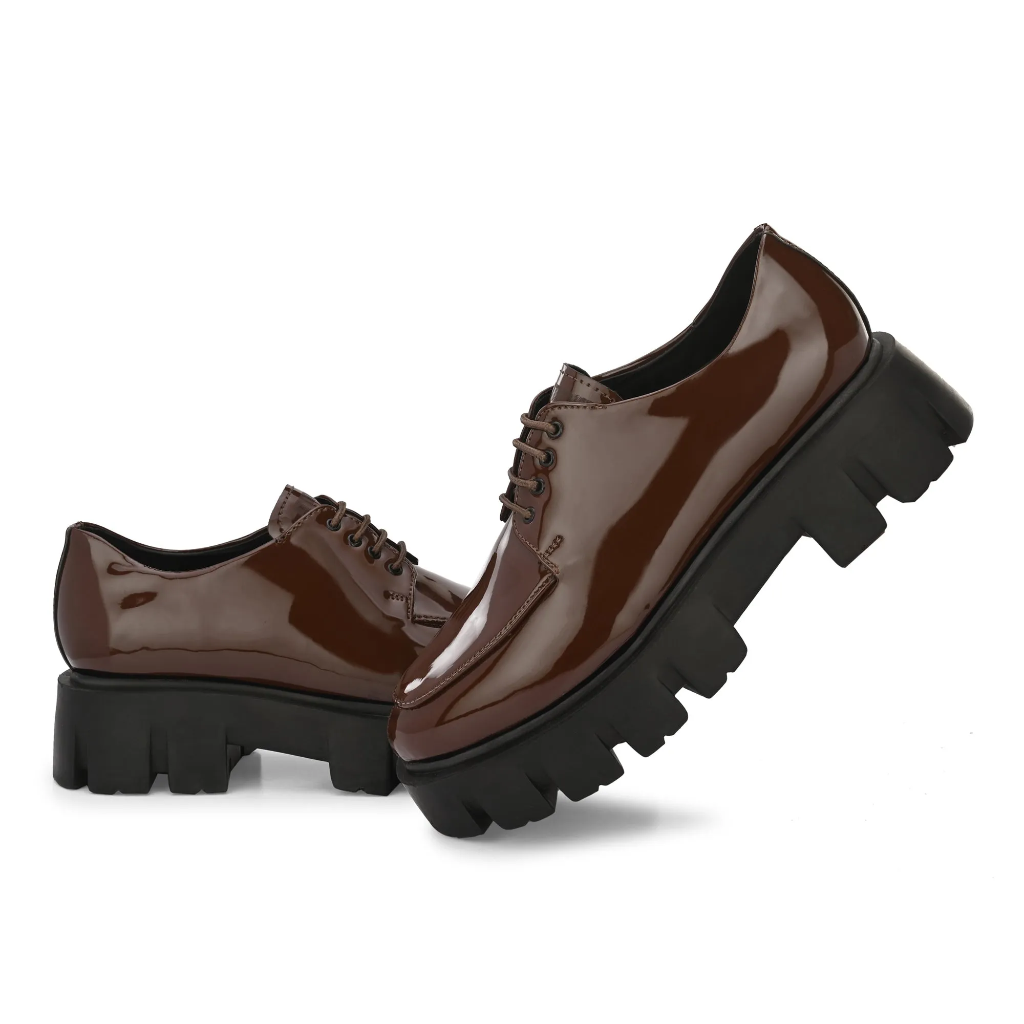 Attitudist Unisex Brown Super Glossy High Heel Formal Derby Shoes