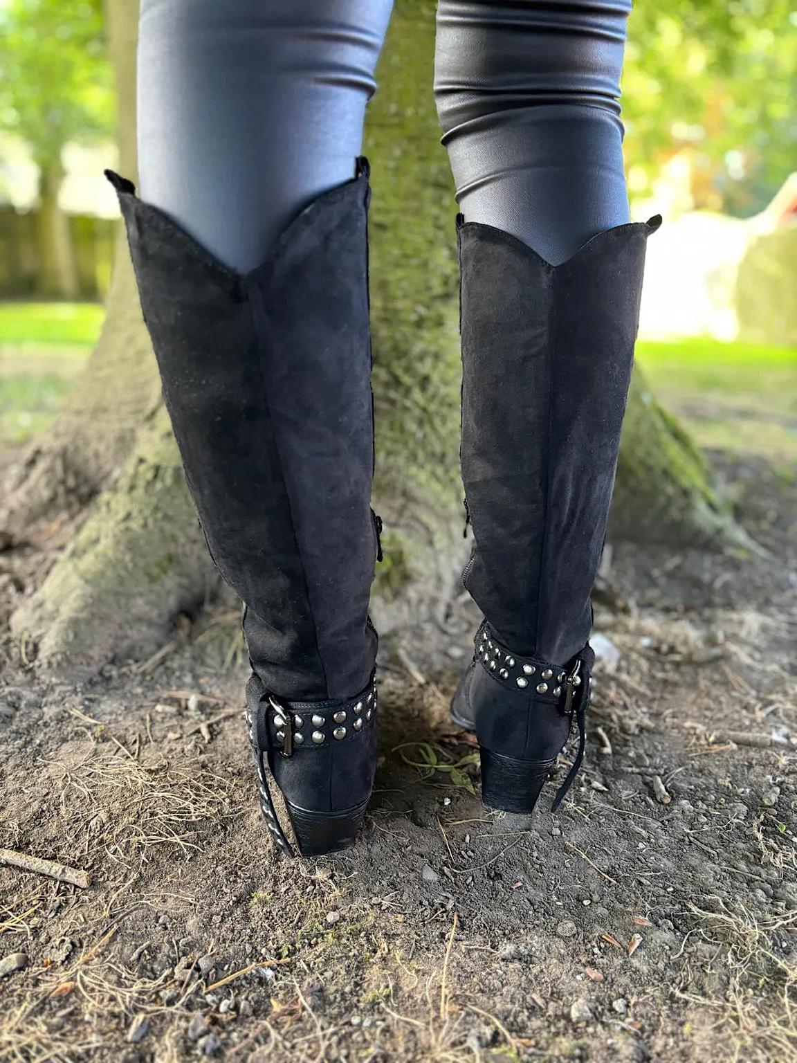 Black Distressed Faux Suede Studded Boots