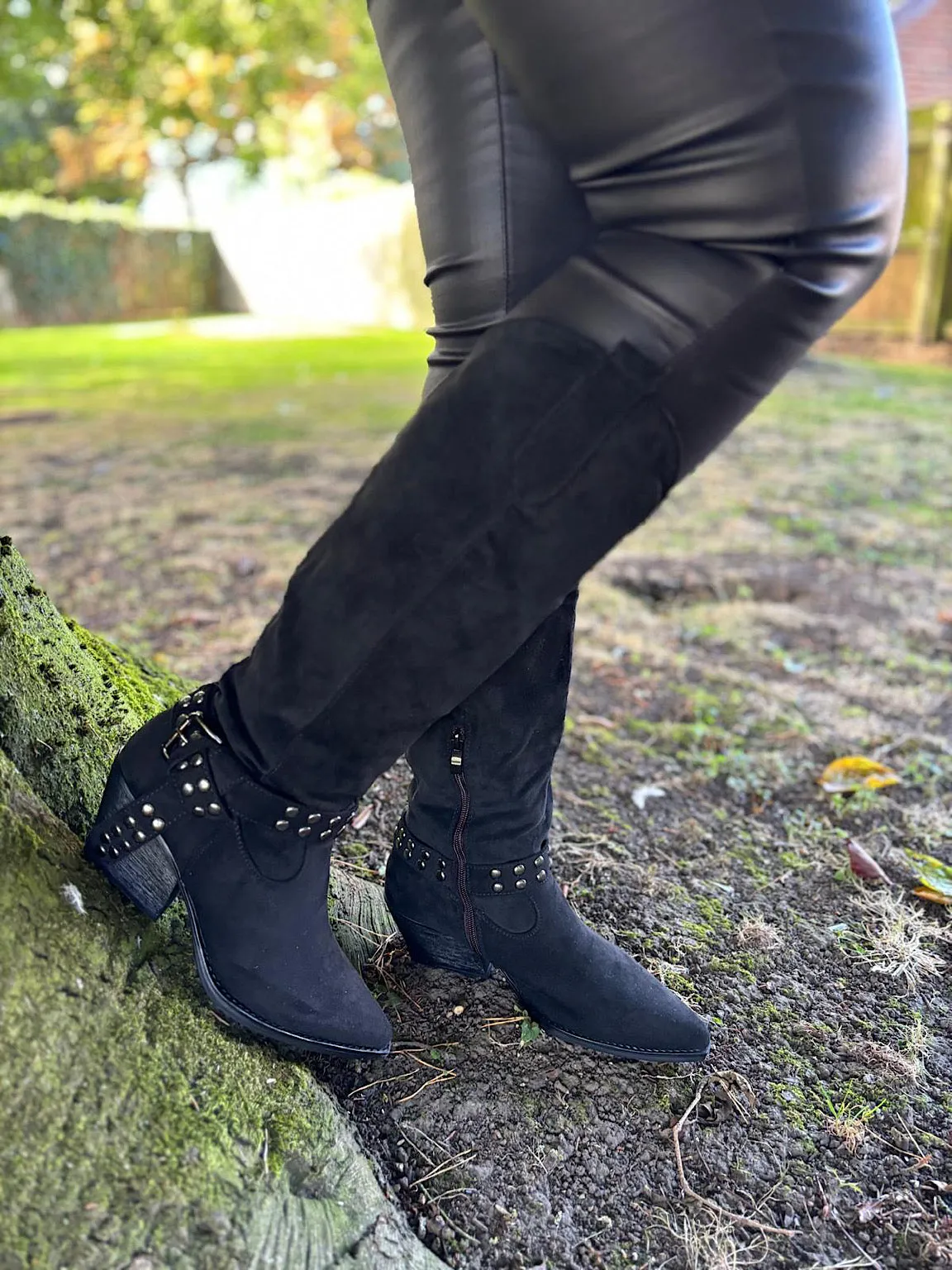 Black Distressed Faux Suede Studded Boots