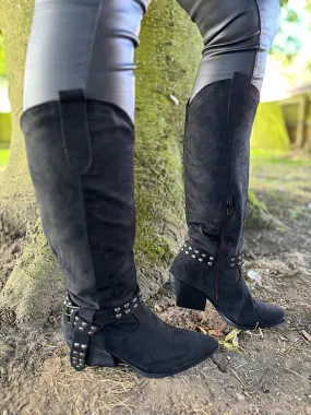 Black Distressed Faux Suede Studded Boots