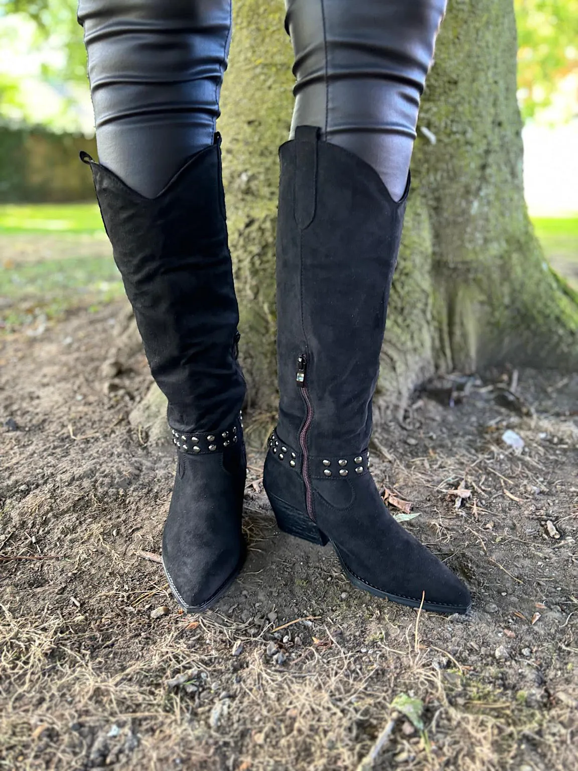 Black Distressed Faux Suede Studded Boots