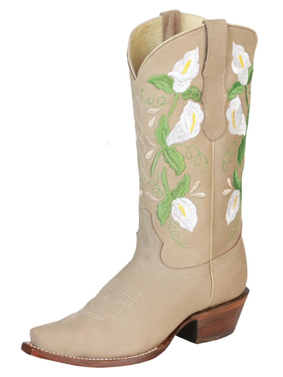 Botas Vaqueras Retro con Tubo Bordado de Flores de Piel Nobuck para Mujer 'Centenario' - ID: 43290