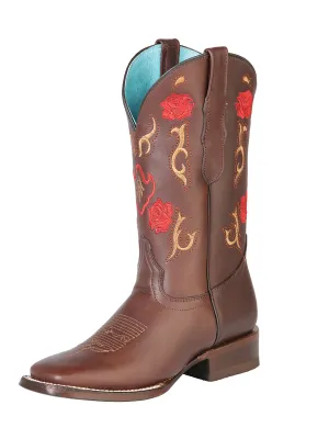 Botas Vaqueras Rodeo con Tubo Bordado de Flores de Piel Genuina para Mujer 'El General' - ID: 125370