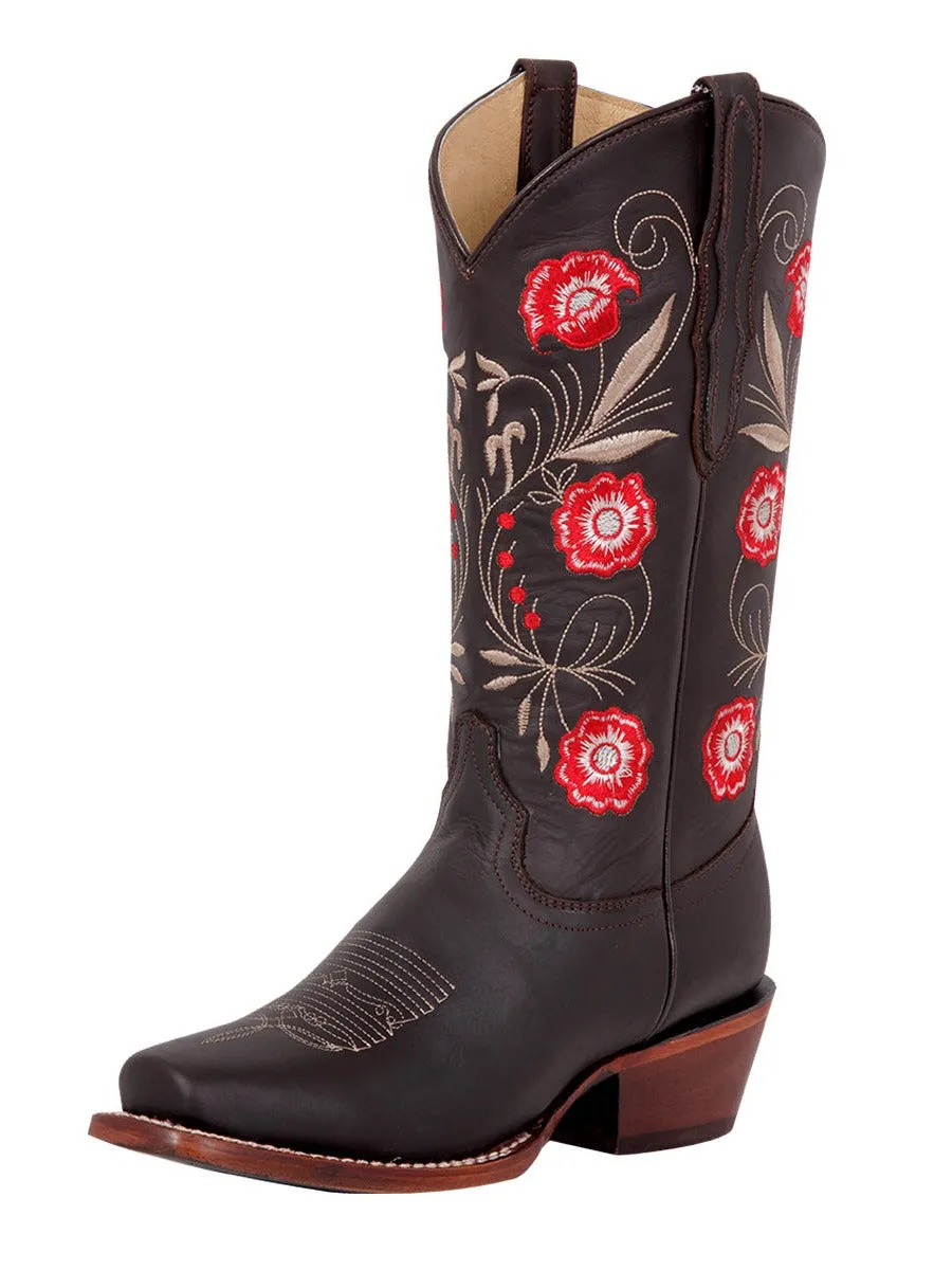 Botas Vaqueras Rodeo con Tubo Bordado de Flores de Piel Genuina para Mujer 'El General' - ID: 42982