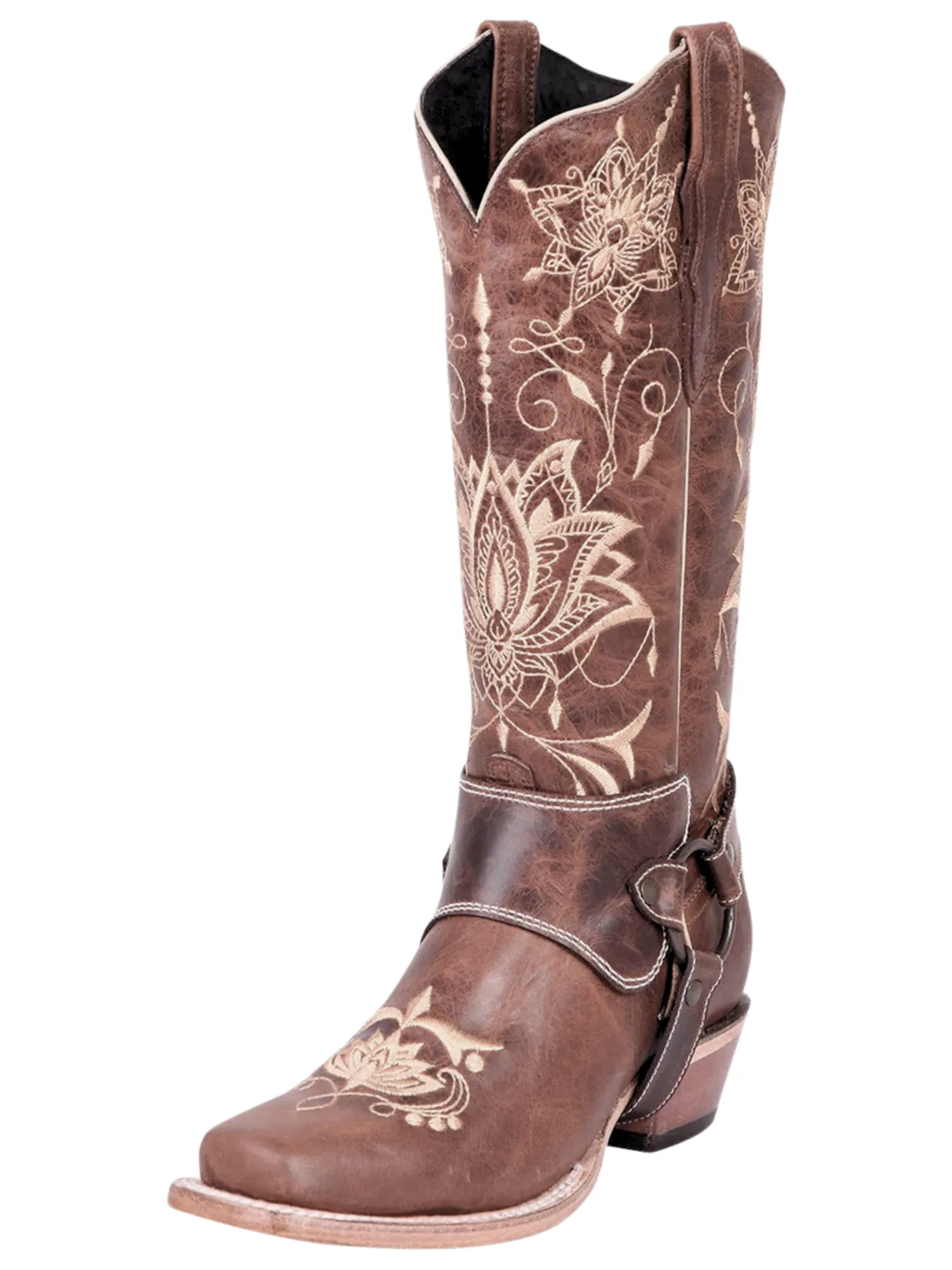 Botas Vaqueras Rodeo de Arnes con Tubo Bordado de Piel Genuina para Mujer 'El General' - ID: 41907