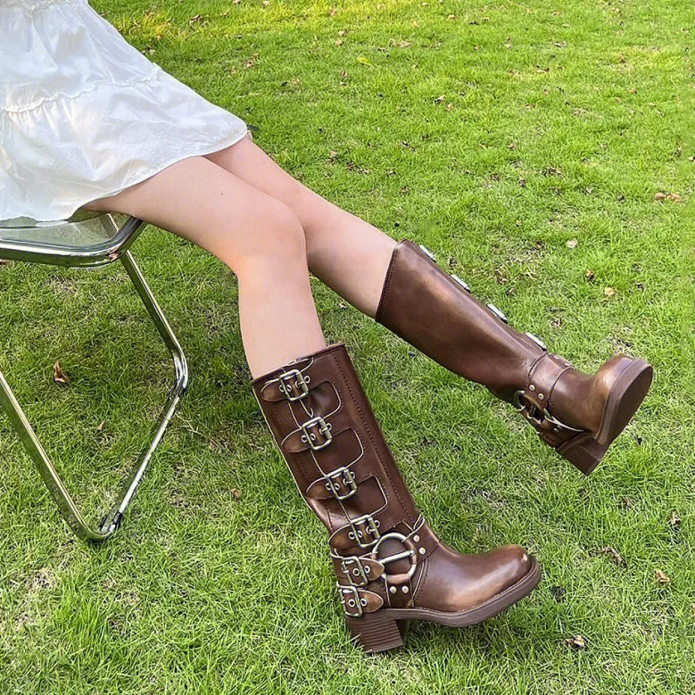 Captain Cally-100 Multi Buckle Strap Knee-High Boots