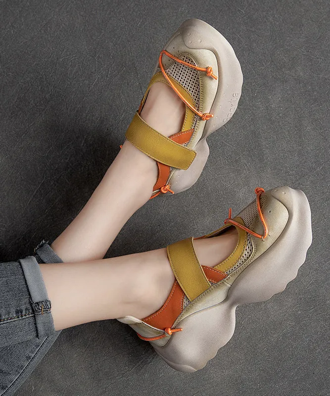 Casual Yellow Platform Cowhide Leather Buckle Strap High Wedge Heels Shoes SL1004