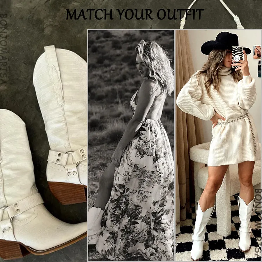 Croc Print White Cowboy Mid Calf Boots Autumn Slip On Metal Chain Roman Style Casual Ridding Boots Shoes