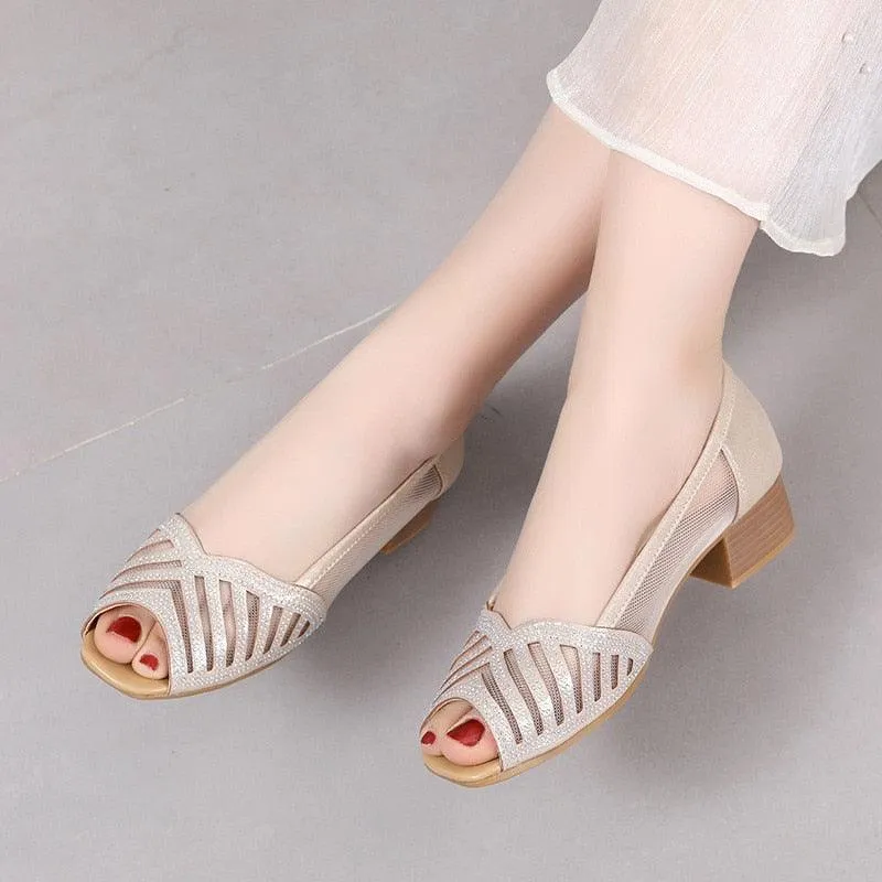 GX354 Women's Casual Shoes: Hollow Mesh Sandals with Square Heels Pumps