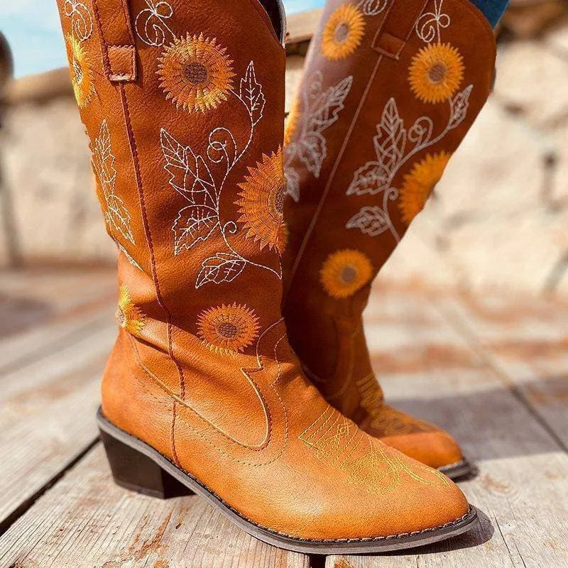 Women's Embroidery Chunky Heel Round Toe Cowgirl Boots