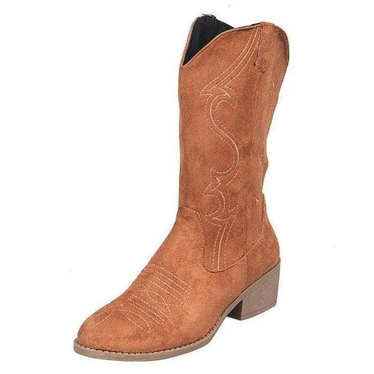 Women's Embroidery Mid Calf Chunky Heel Western Cowboy Boots