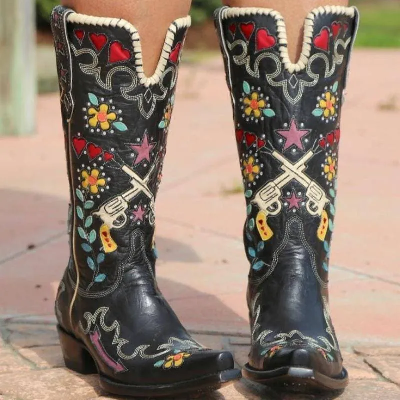 Women's Embroidery Pointed Toe Chunky Heel Western Cowboy Boots